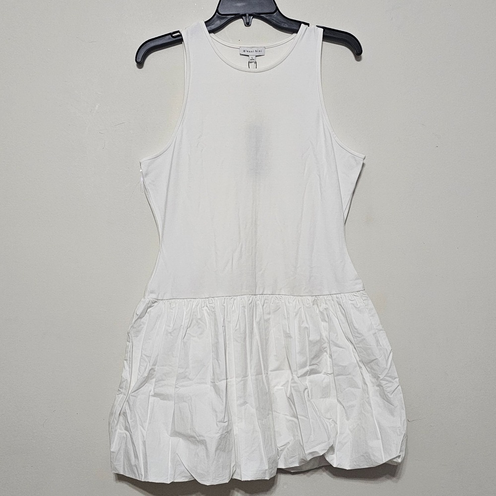 Gianni Bini Women's Dress‎ Large White Crew Neck Sleeveless Mini Bubble Hem 0644